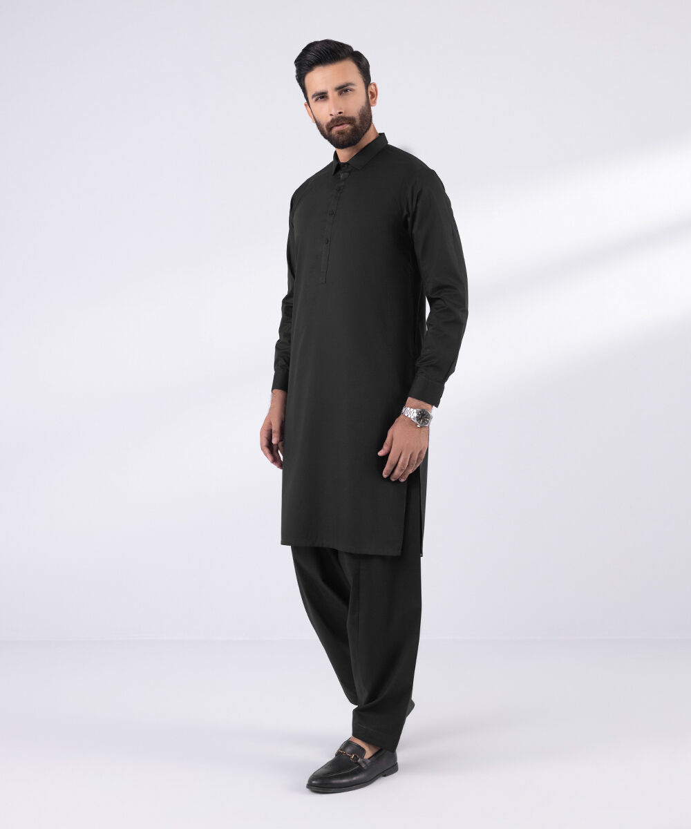 Men's 100% Cotton Stitched Plain Black Stitched Suit