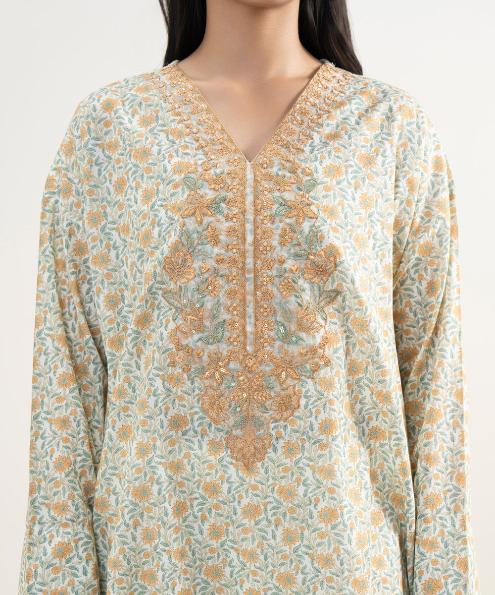 Women's RTW Slub Lawn Embroidered Mint Green Drop Shoulder Shirt
