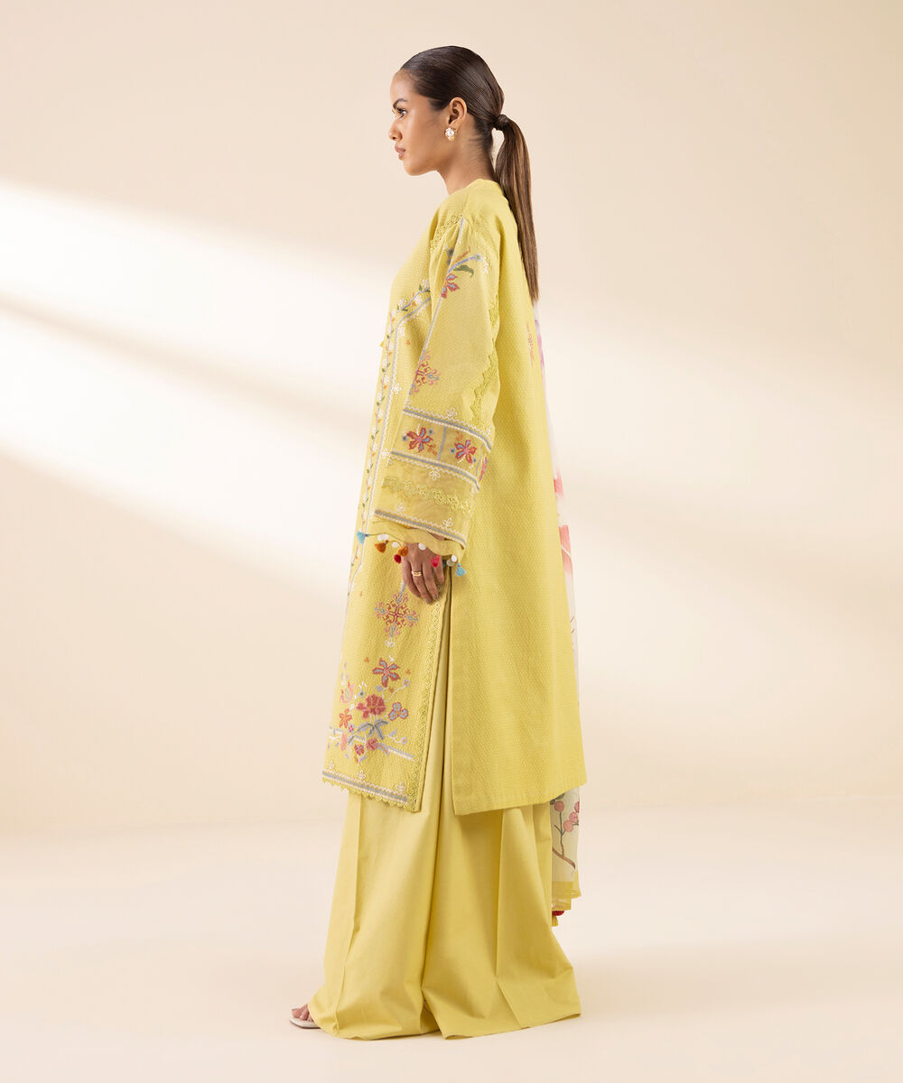 Women's Unstitched Dobby Embroidered Yellow 3 Piece Suit