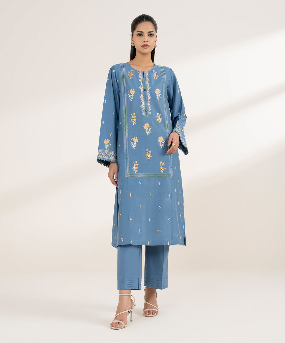 Women's RTW Lawn Blue Embroidered Boxy Shirt