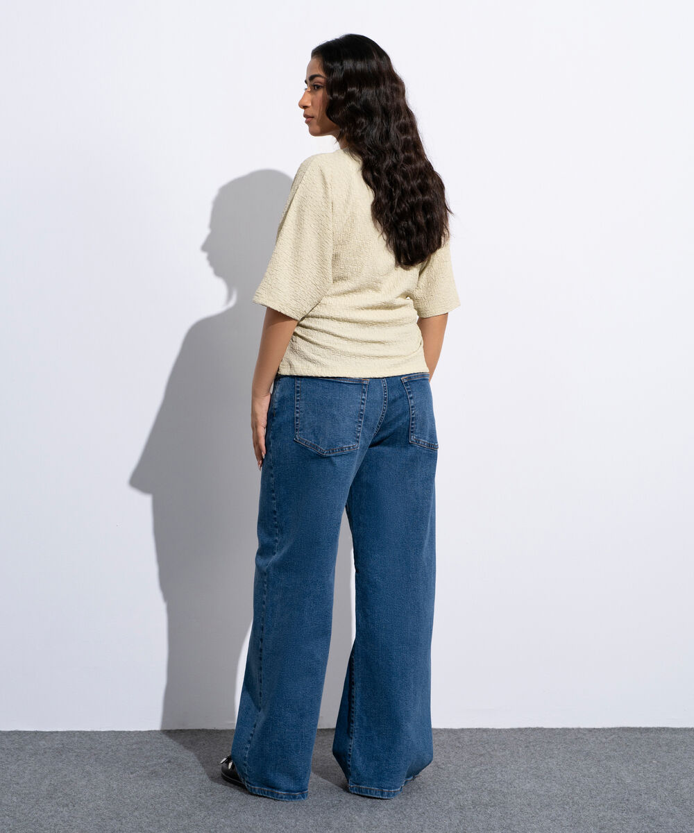 Women's Beige Cinched Waist Textured T-Shirt