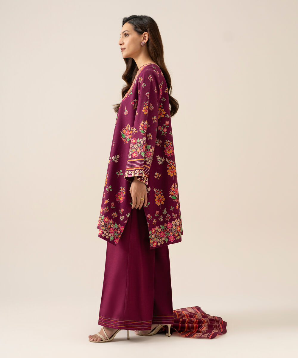 Women's Unstitched Light Khaddar Embroidered Magenta 3 Piece Suit