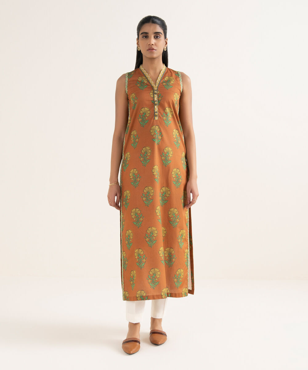 Women's Unstitched Lawn Printed Orange Shirt