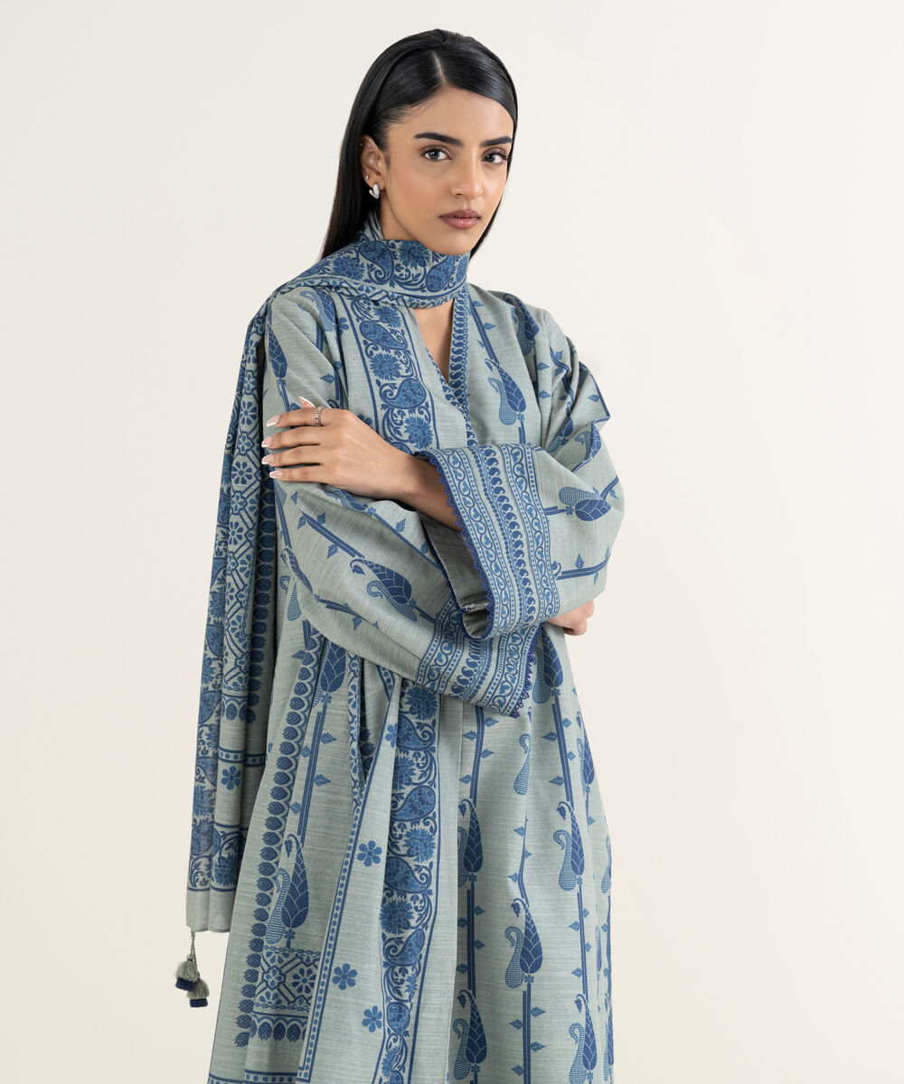 Women's Unstitched Printed Khaddar Grey and Blue 3 Piece Suit