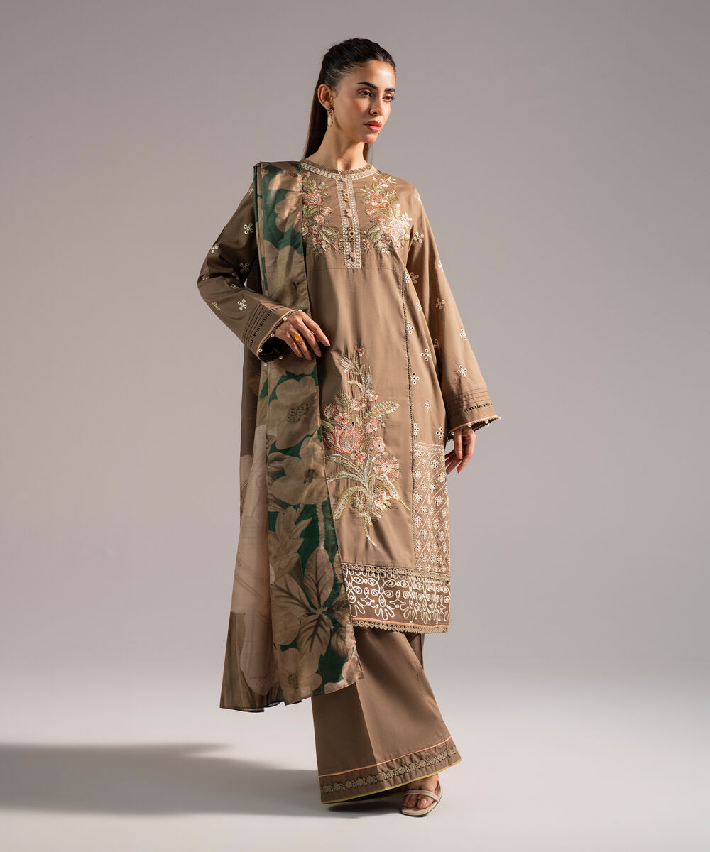 Women's RTW Slub Lawn Embroidered Dark Olive 3 Piece Suit