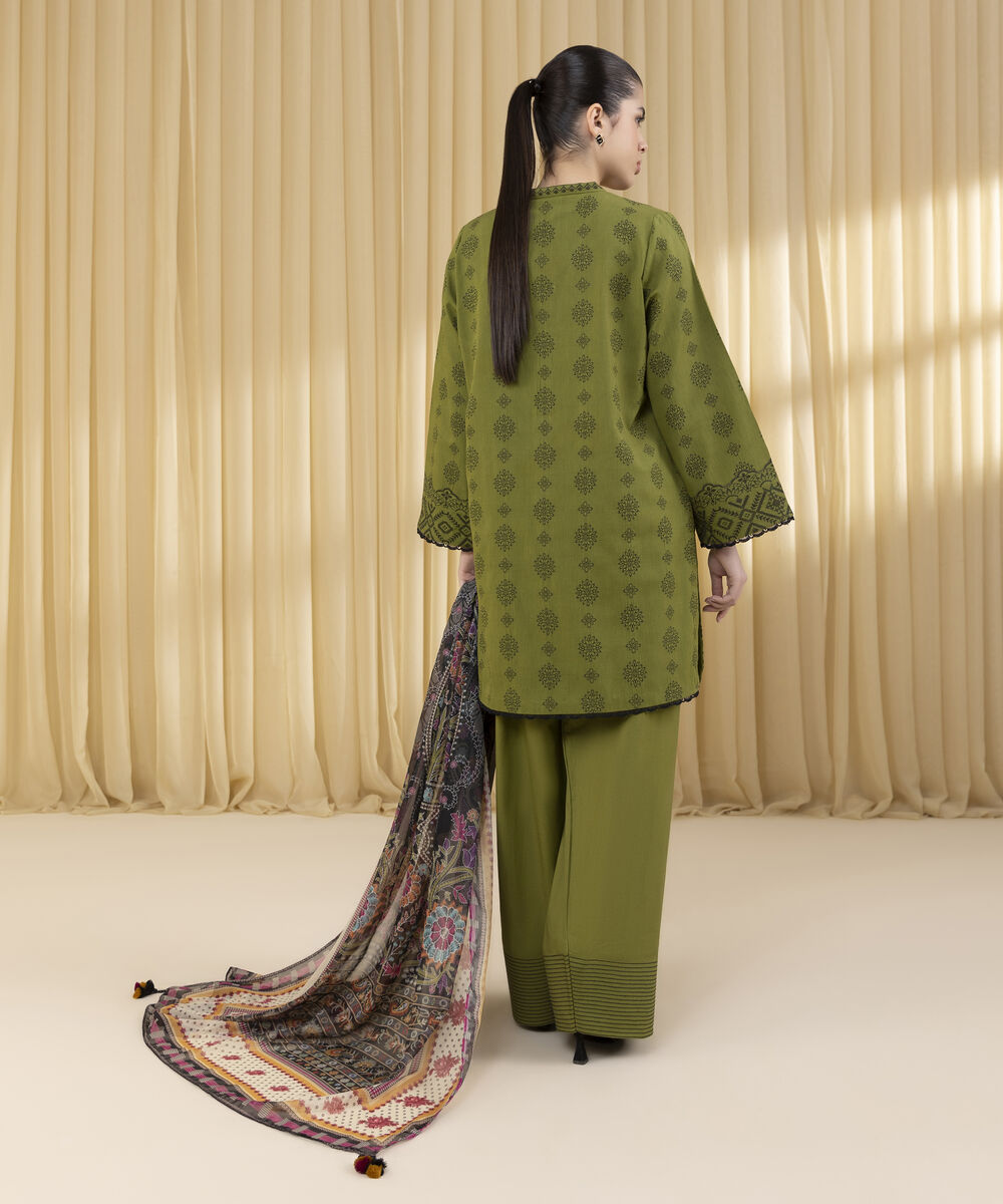 Unstitched Women's Green Extra Weft Jacquard 3 Piece Suit
