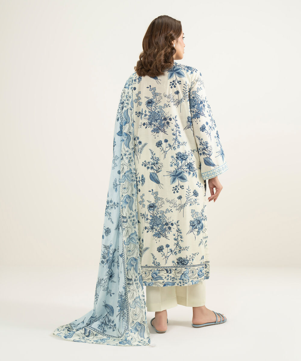 Women's RTW Slub Lawn Embroidered Beige 3 Piece Suit