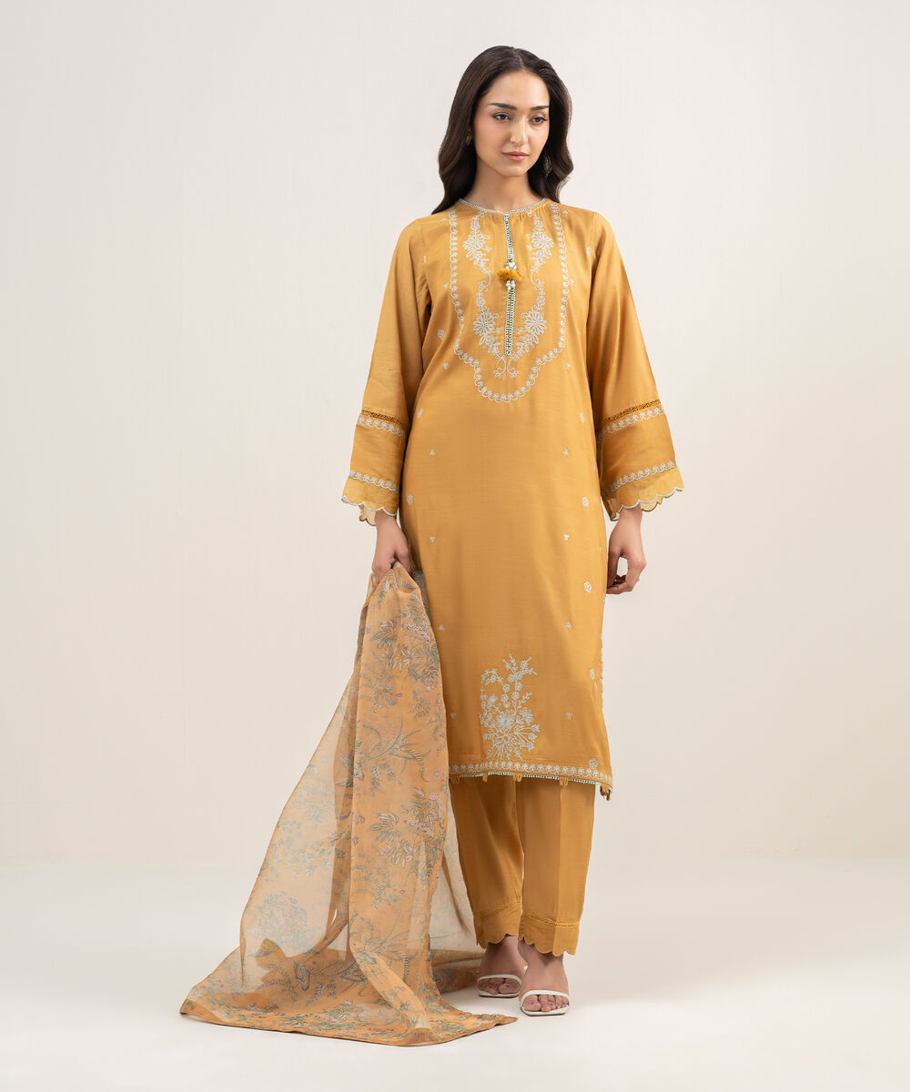 Women's RTW Viscose Raw Silk Embroidered Mustard Brown 3 Piece Suit