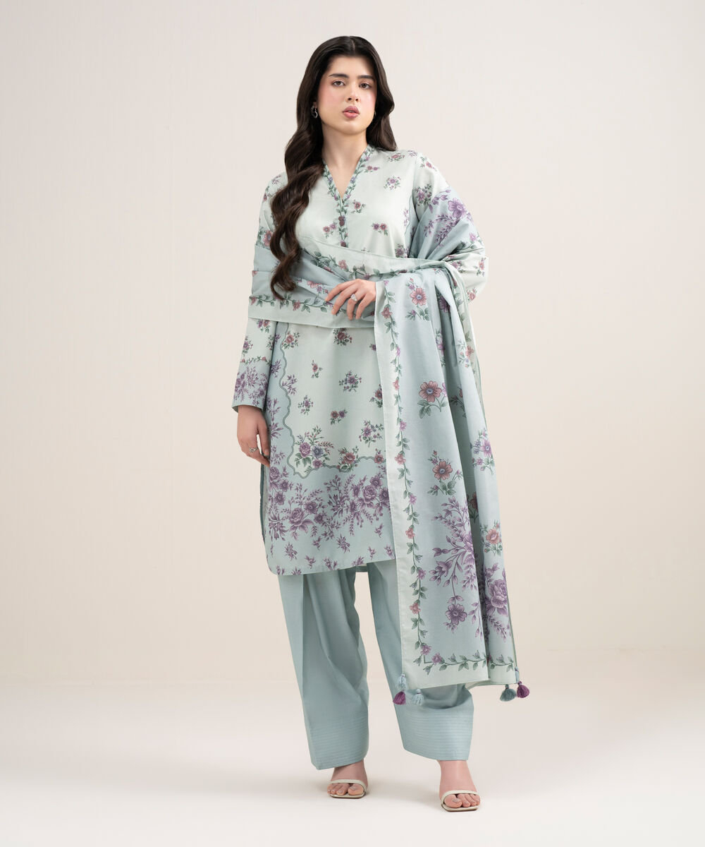 Women's Unstitched Zari Lawn Printed Blue 3 Piece Suit