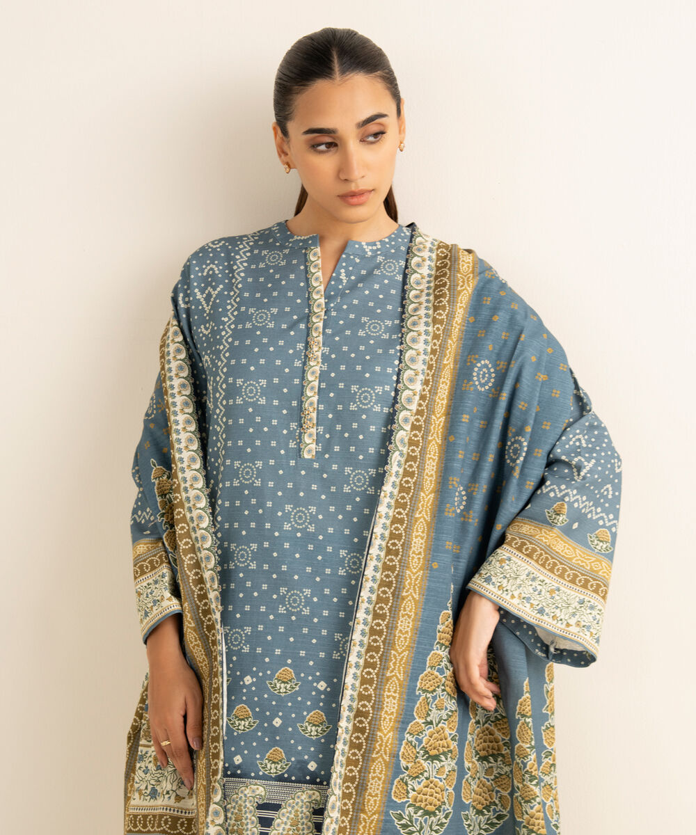 Women's Unstitched Khaddar Printed Blue 3 Piece Suit