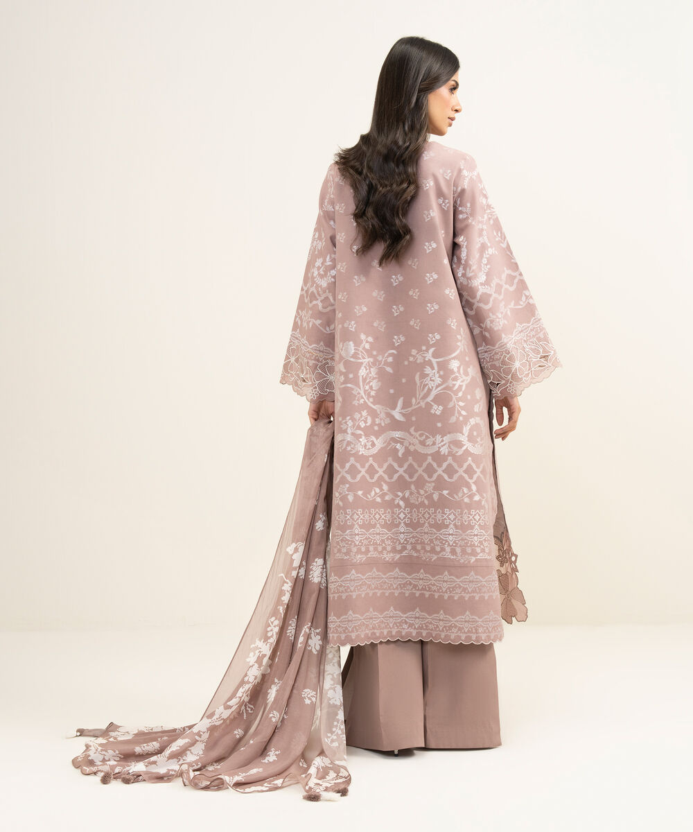 Women's Unstitched Extra Weft Jacquard Embroidered Beige 3 Piece Suit