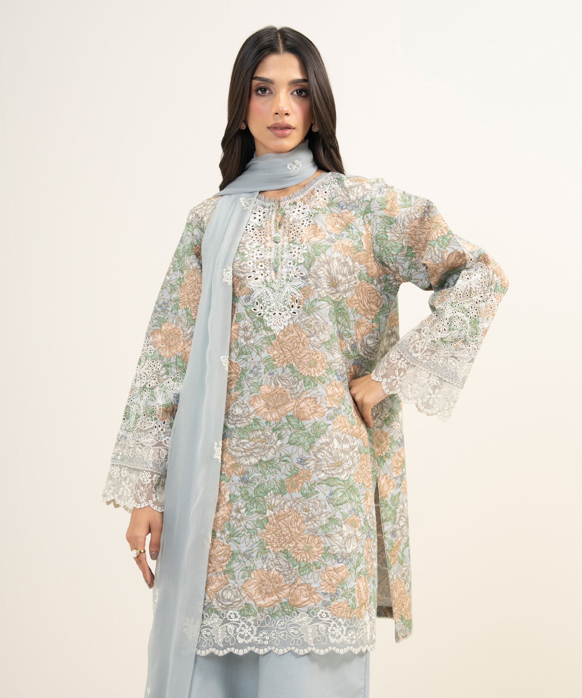 Mint lace-embroidered shirt with a pale blue dupatta