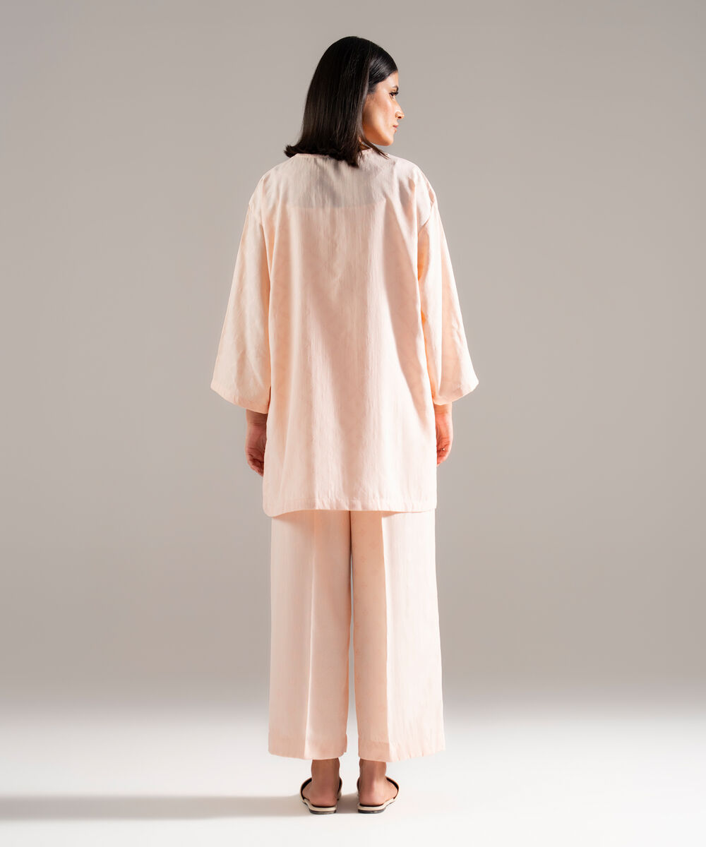 Women's RTW Poly Viscose Jacquard Solid Pink Drop Shoulder Shirt