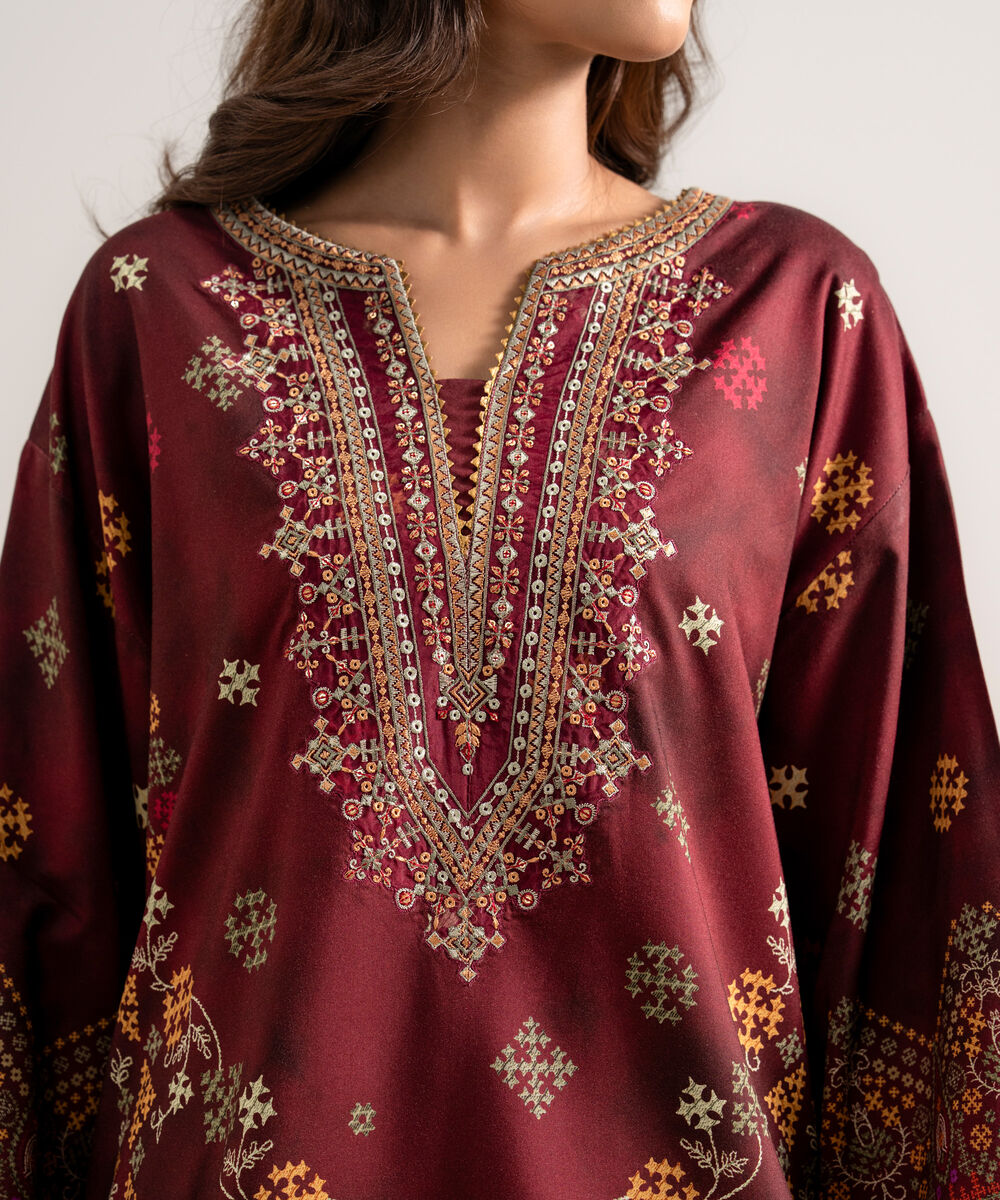 Women's Unstitched Printed Linen Maroon 3 Piece Suit