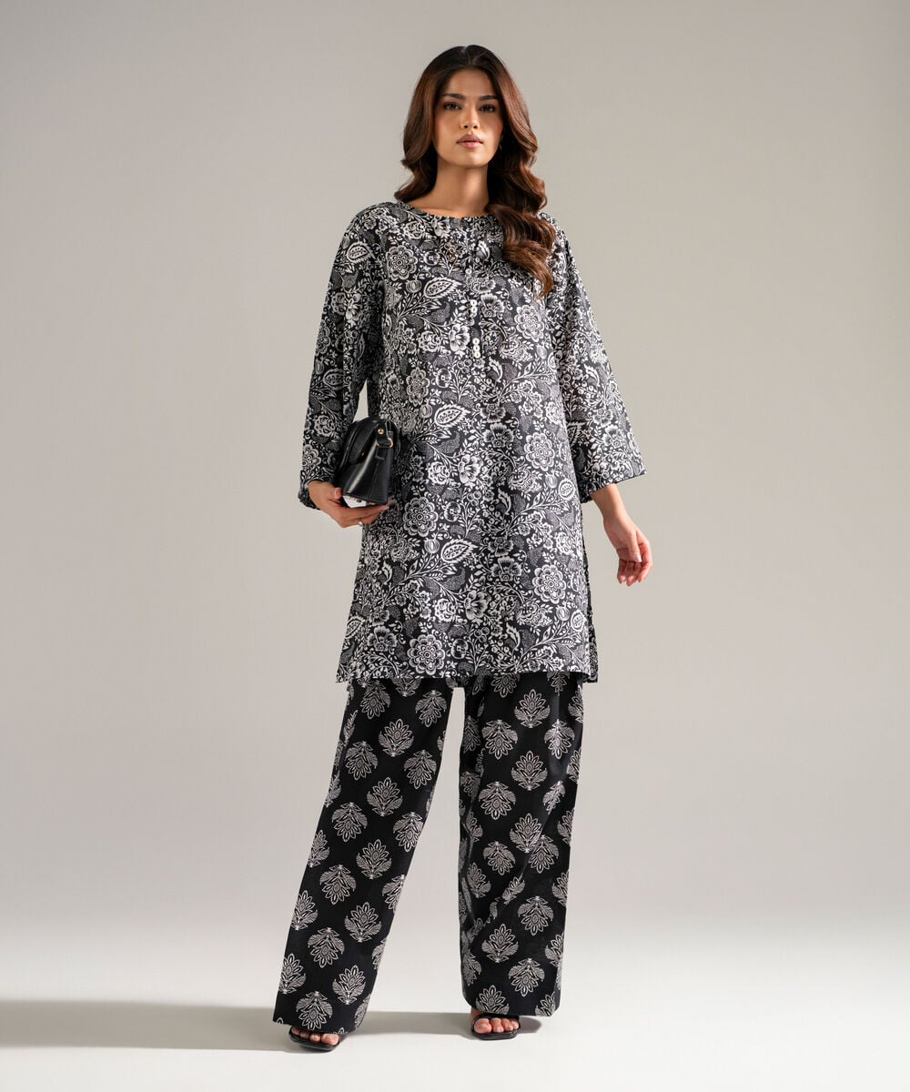Women's RTW Lawn Printed Black Straight Shirt