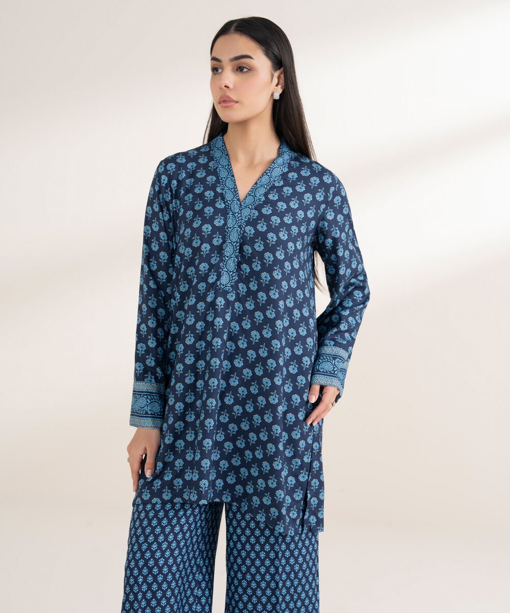 Women's RTW Arabic Dobby Printed Straight Blue Shirt