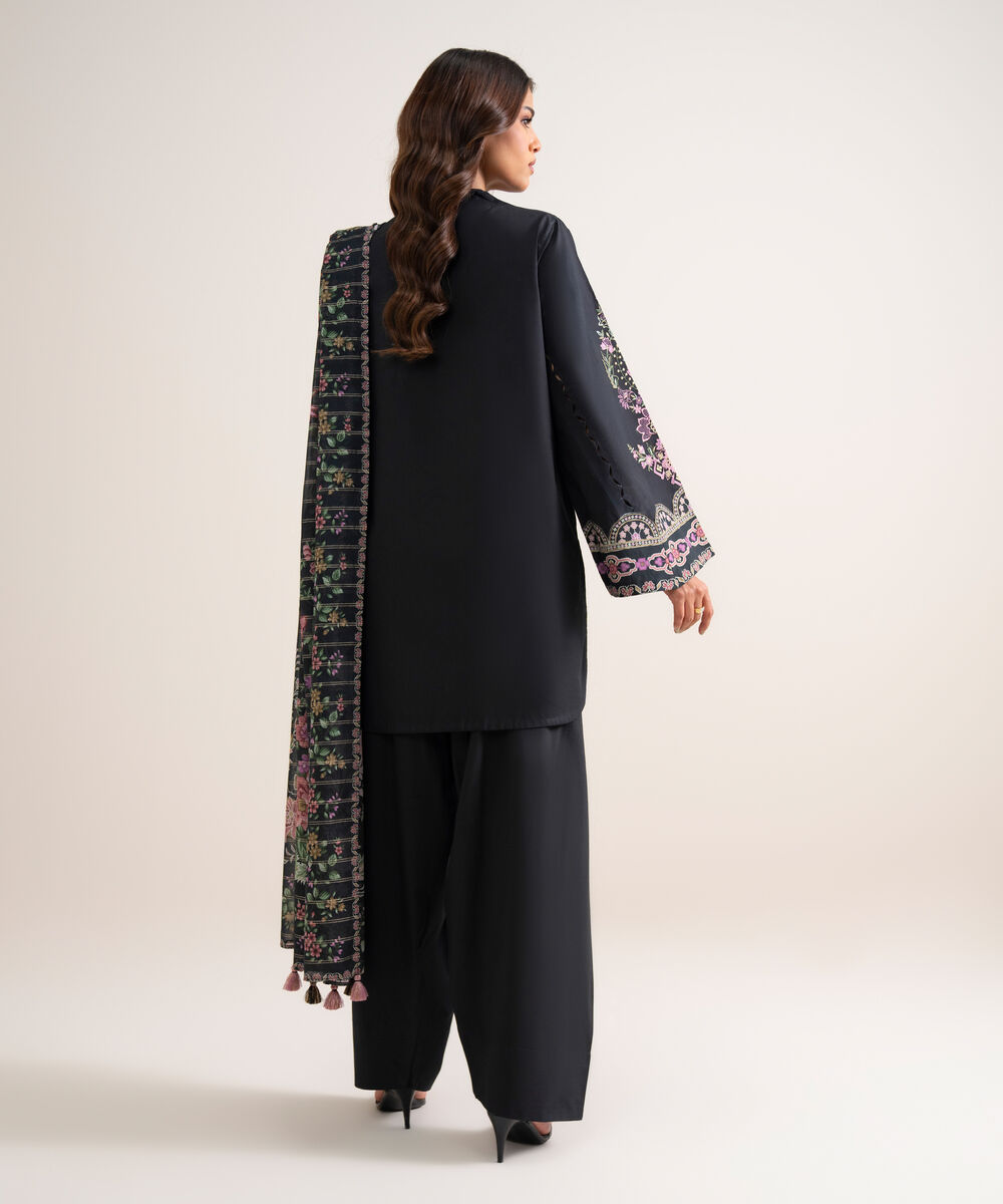Women's Unstitched Embroidered Cotton Black 3 Piece Suit