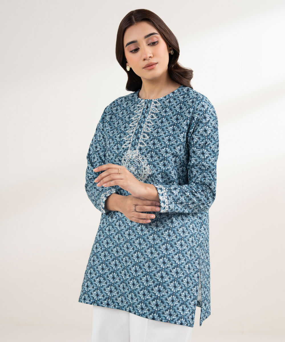 Women's RTW Khaddar Embroidered Blue Shirt