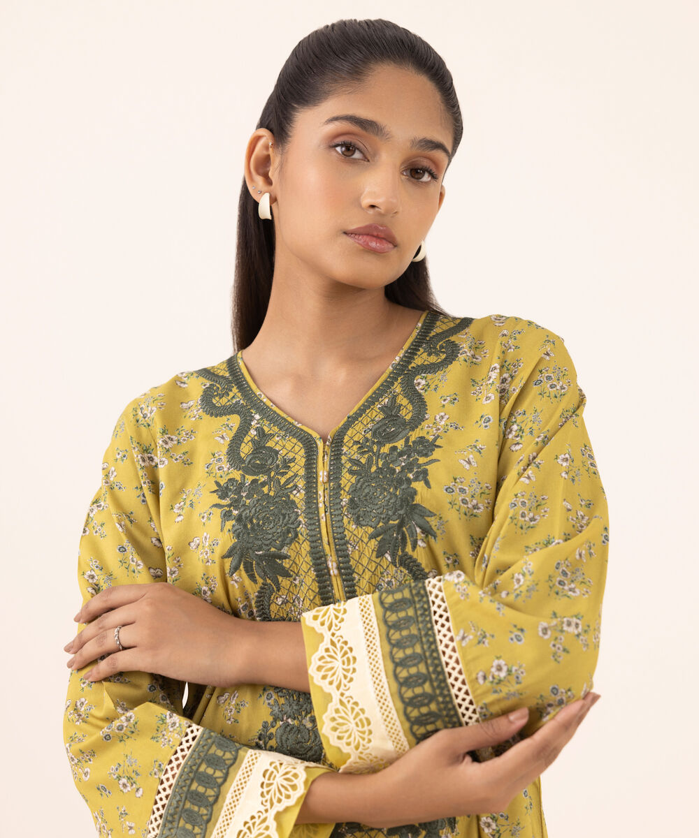 Women's RTW Arabic Lawn Yellow Embroidered A-Line Shirt