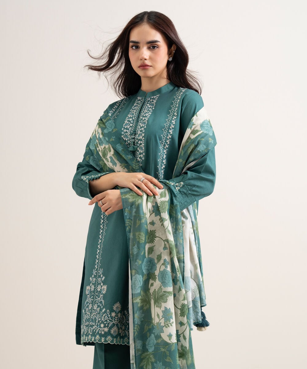 Women's Unstitched Lawn Embroidered Teal 3 Piece Suit