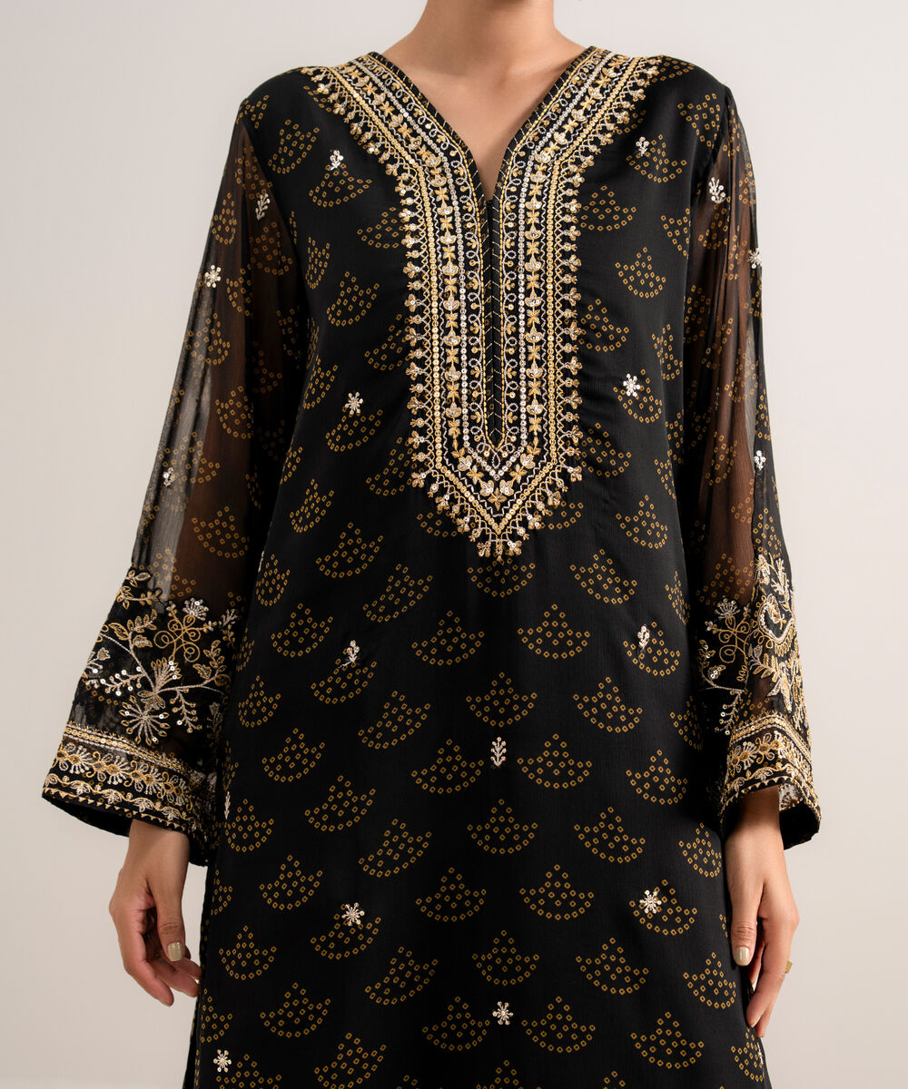 Women's Unstitched Embroidered Blended Chiffon Black 3 Piece Suit