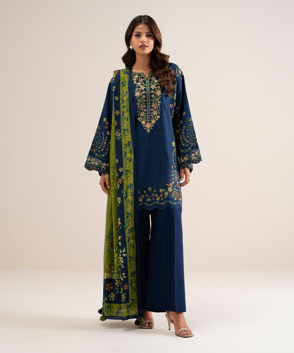 Women's Unstitched Printed Cotton Viscose Blue 3 Piece Suit