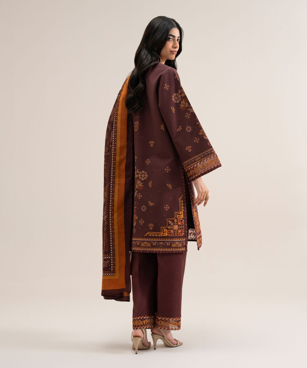 Women's Unstitched Premium Khaddar Printed Brown 3 Piece Suit