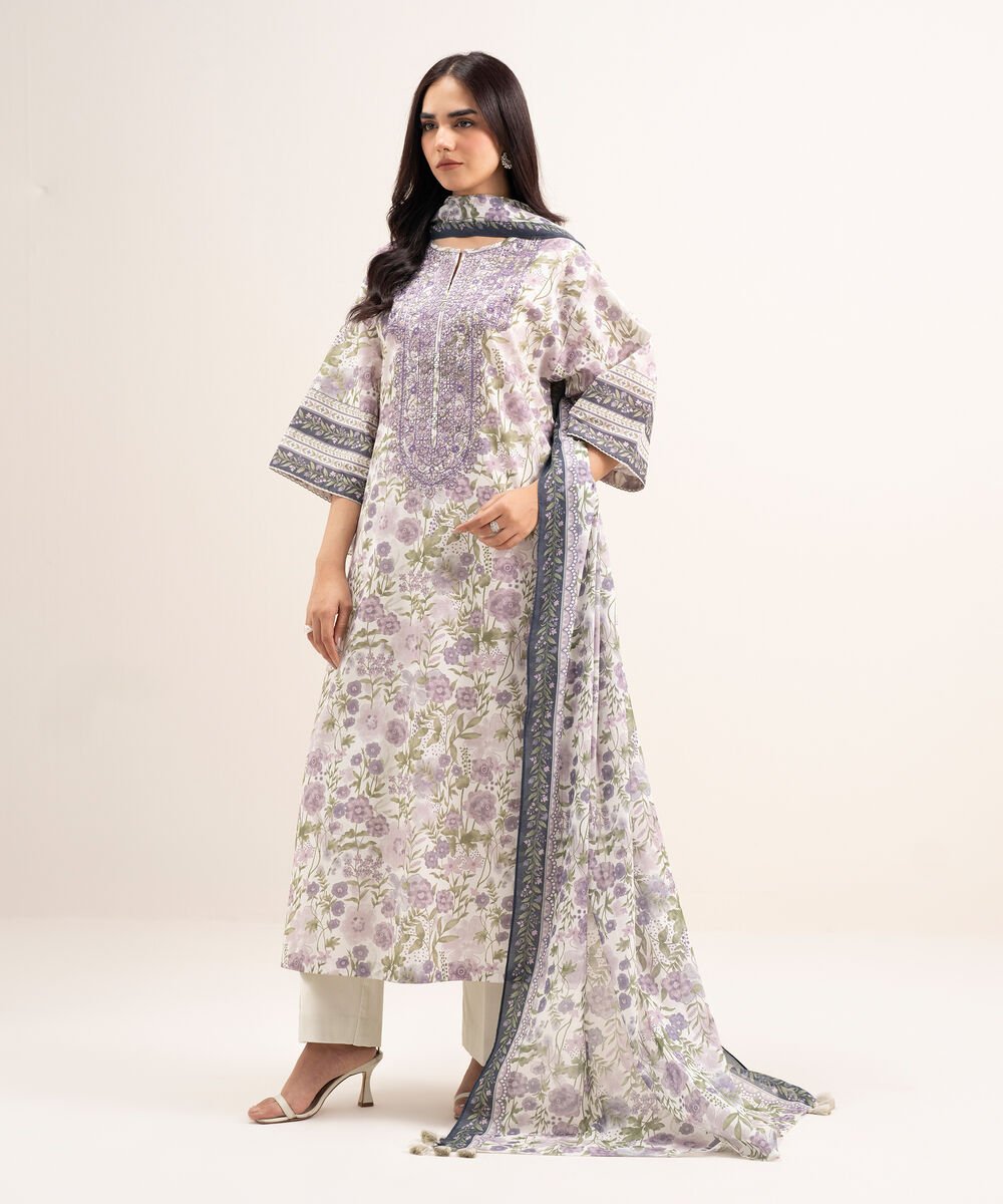 Women's Unstitched Lawn Embroidered Purple 3 Piece Suit