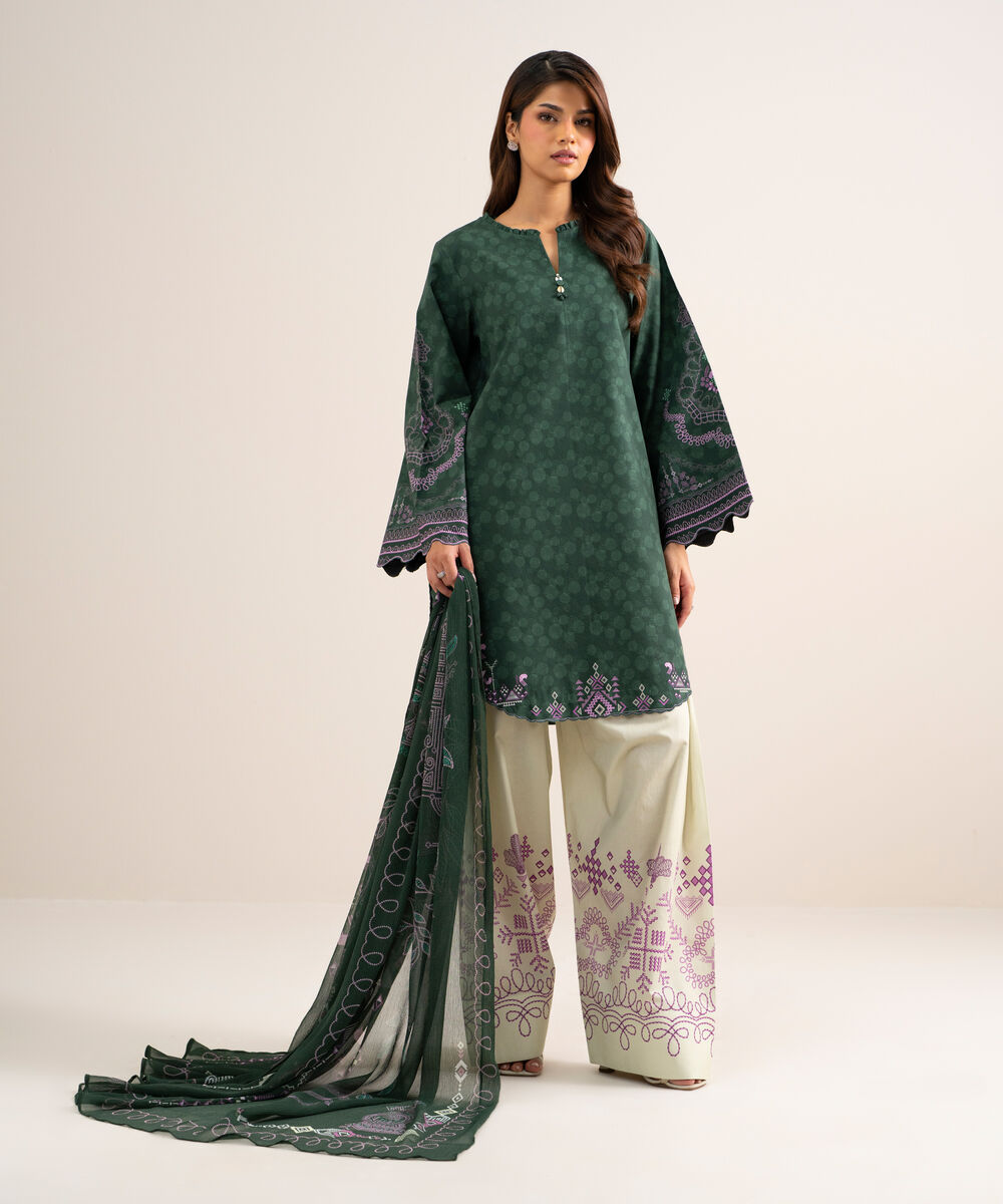 Women's Unstitched Cotton Printed Green  3 Piece Suit