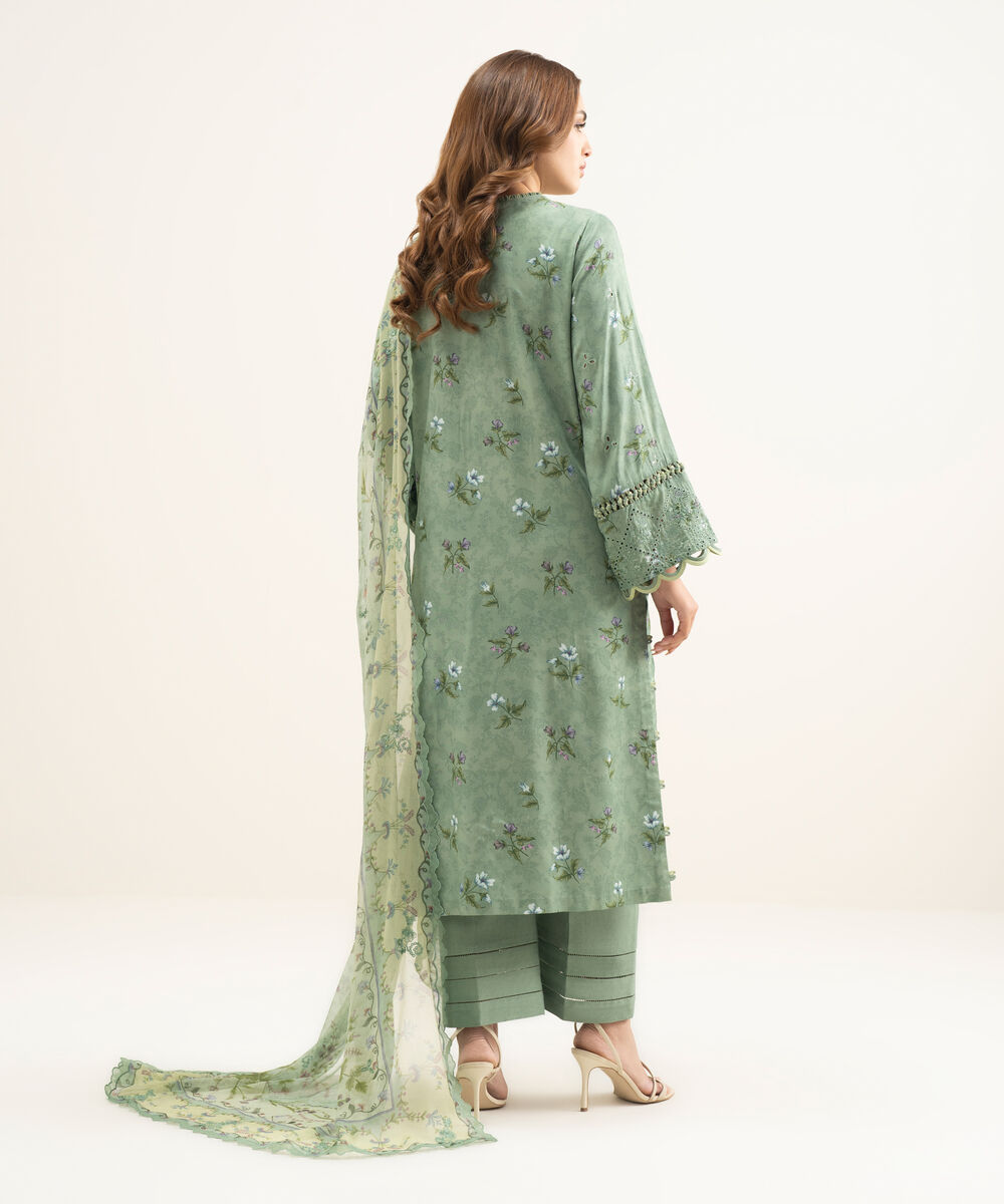 Women's Unstitched Viscose Satin Green Embroidered 3 Piece Suit