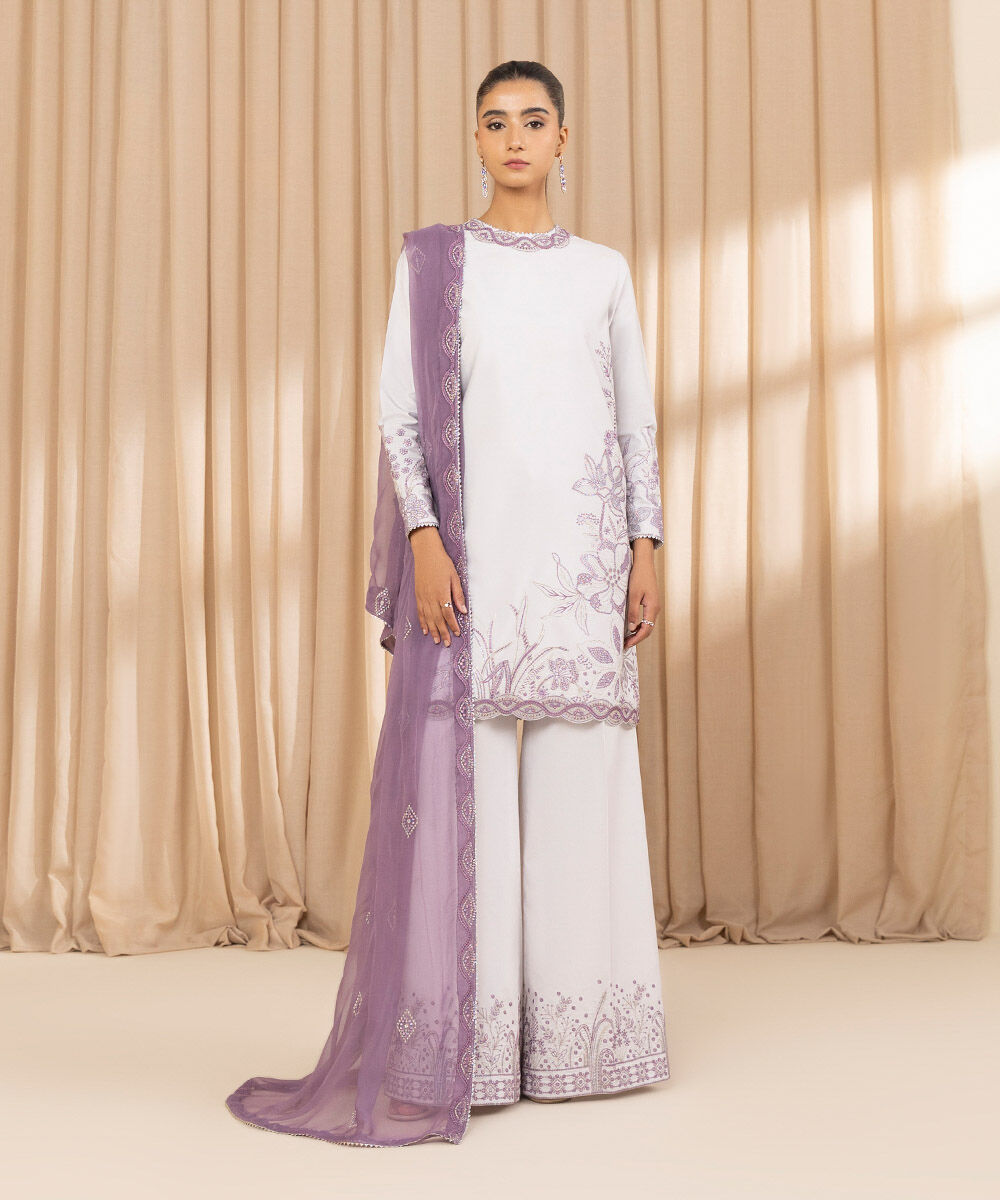 Unstitched Women's Grey Chambray Embroidered 3 Piece Suit