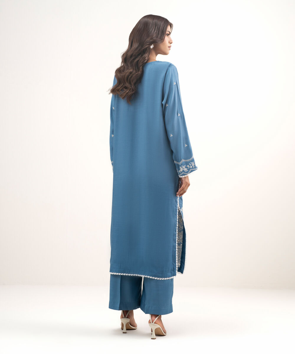 Women's RTW Viscose Raw Silk Embroidered Blue 2 Piece Suit