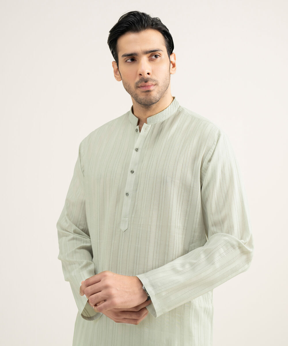 Men's Stitched Leno Jacquard Ash White Kurta