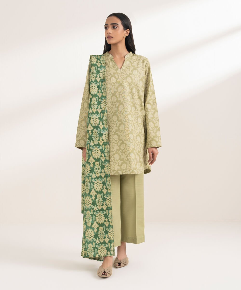 Women's RTW Khaddar Printed Green 3 Piece Suit