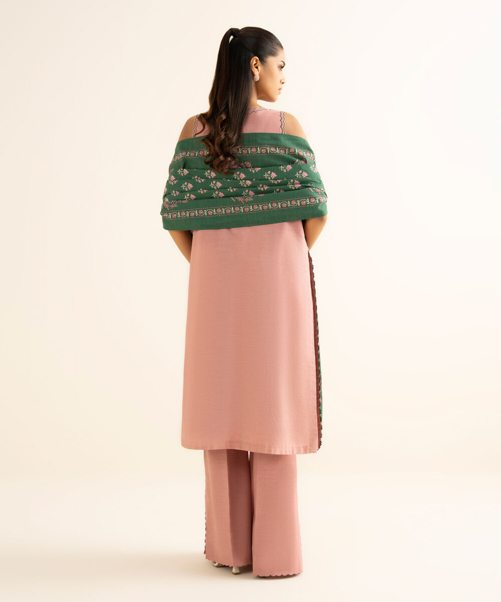 Women's Unstitched Light Khaddar Embroidered Pink 3 Piece Suit