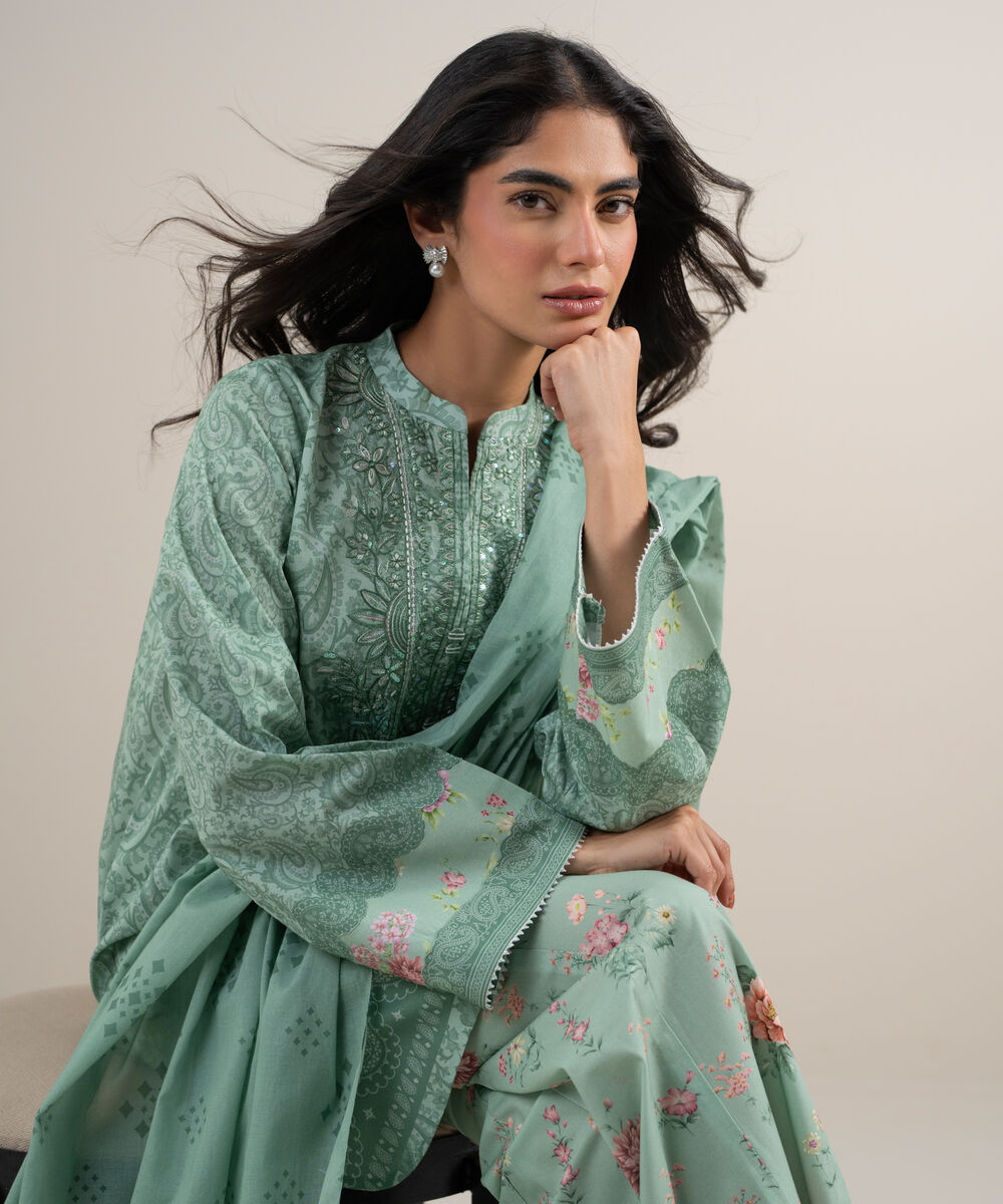 Women's Unstitched Lawn Embroidered Aqua Green 3 Piece Suit