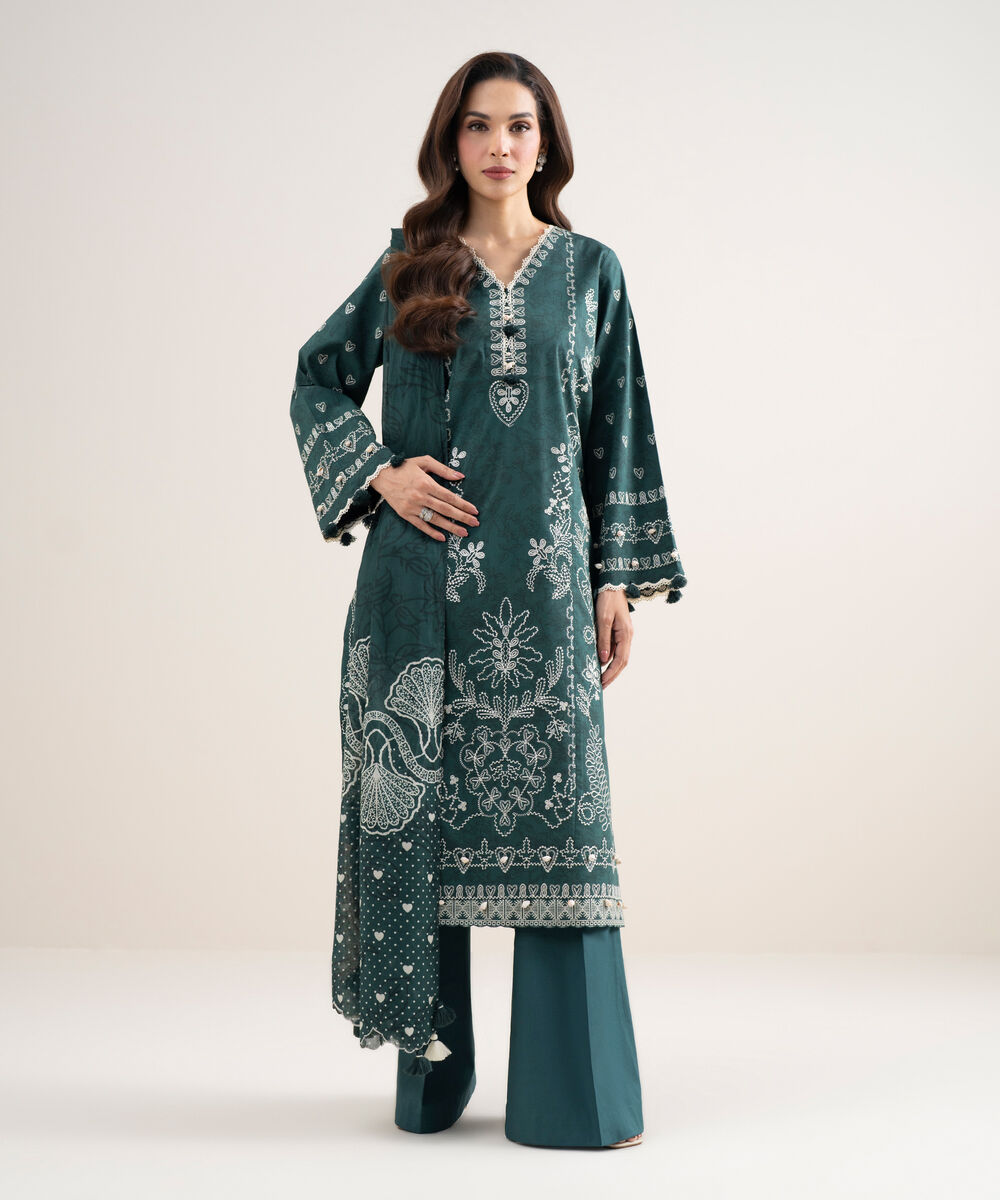 Women's Unstitched Lawn Embroidered Green 3 Piece Suit