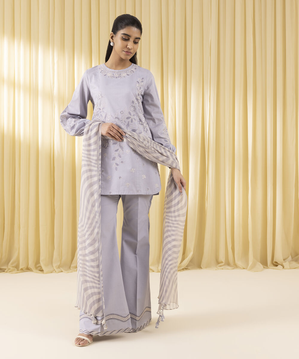 Unstitched Women's Blue Cotton Jacquard 3 Piece Suit