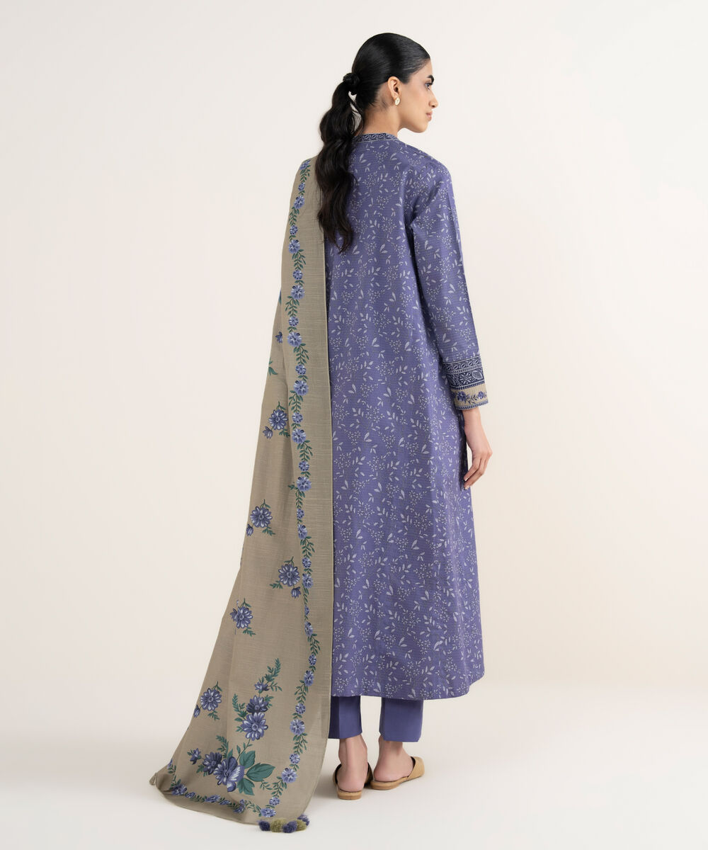 Women's Unstitched Printed Dobby Blue 3 Piece Suit