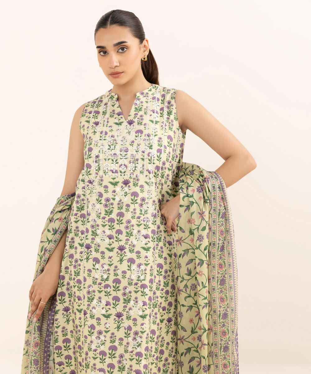 Women's Unstitched Cotton Embroidered Multi Two Piece Suit