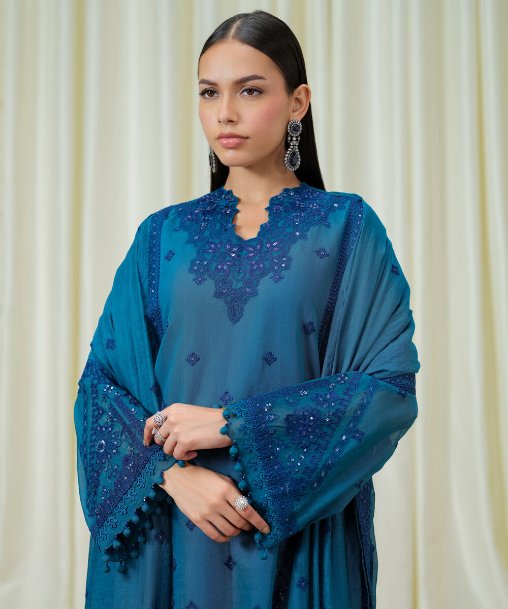 Women's Unstitched Blended Muslin Embroidered Blue 3 Piece Suit