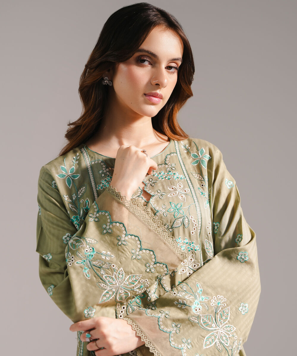 Women's RTW Textured Cotton Embroidered Olive Green 2 Piece Suit
