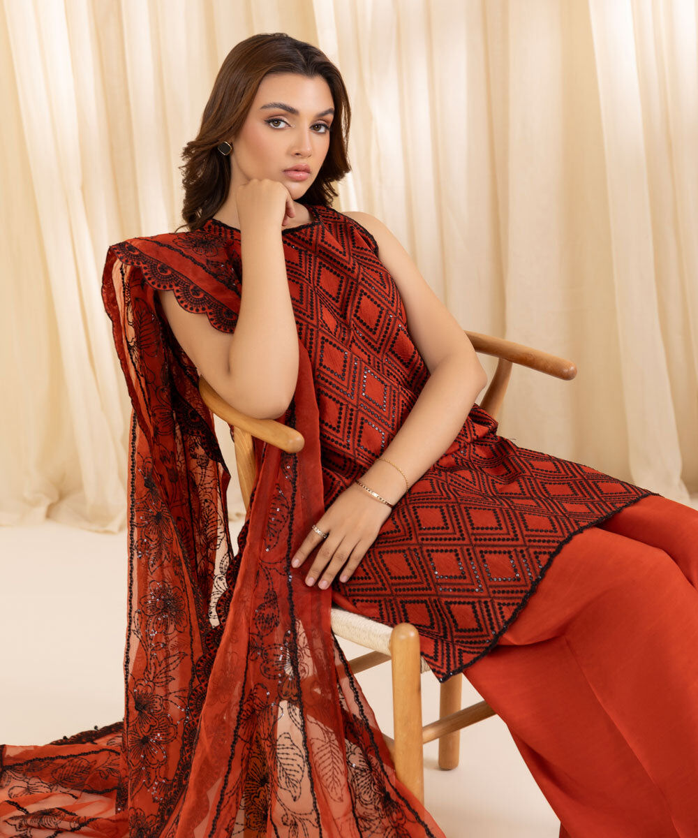 Women's Unstitched Rustic Orange Raw Silk Three Piece Suit