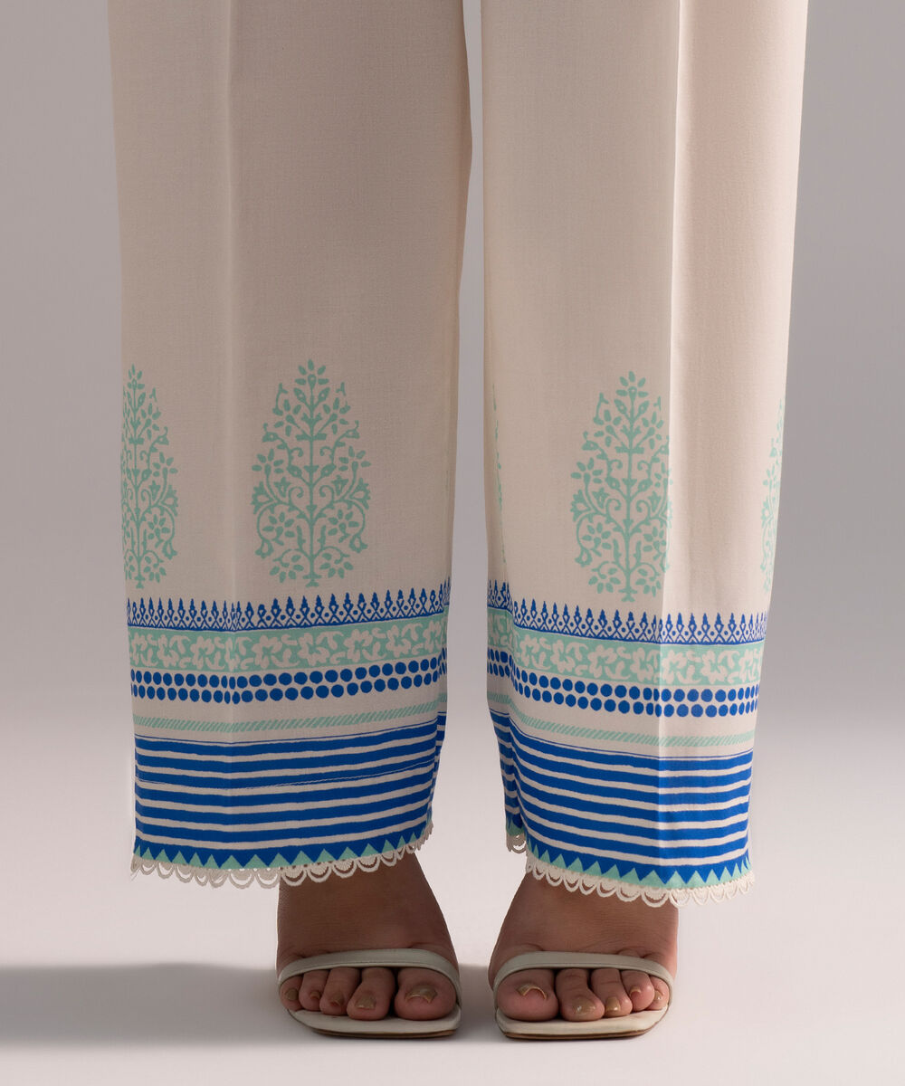 Women's RTW Cambric Printed Off White Straight Pants