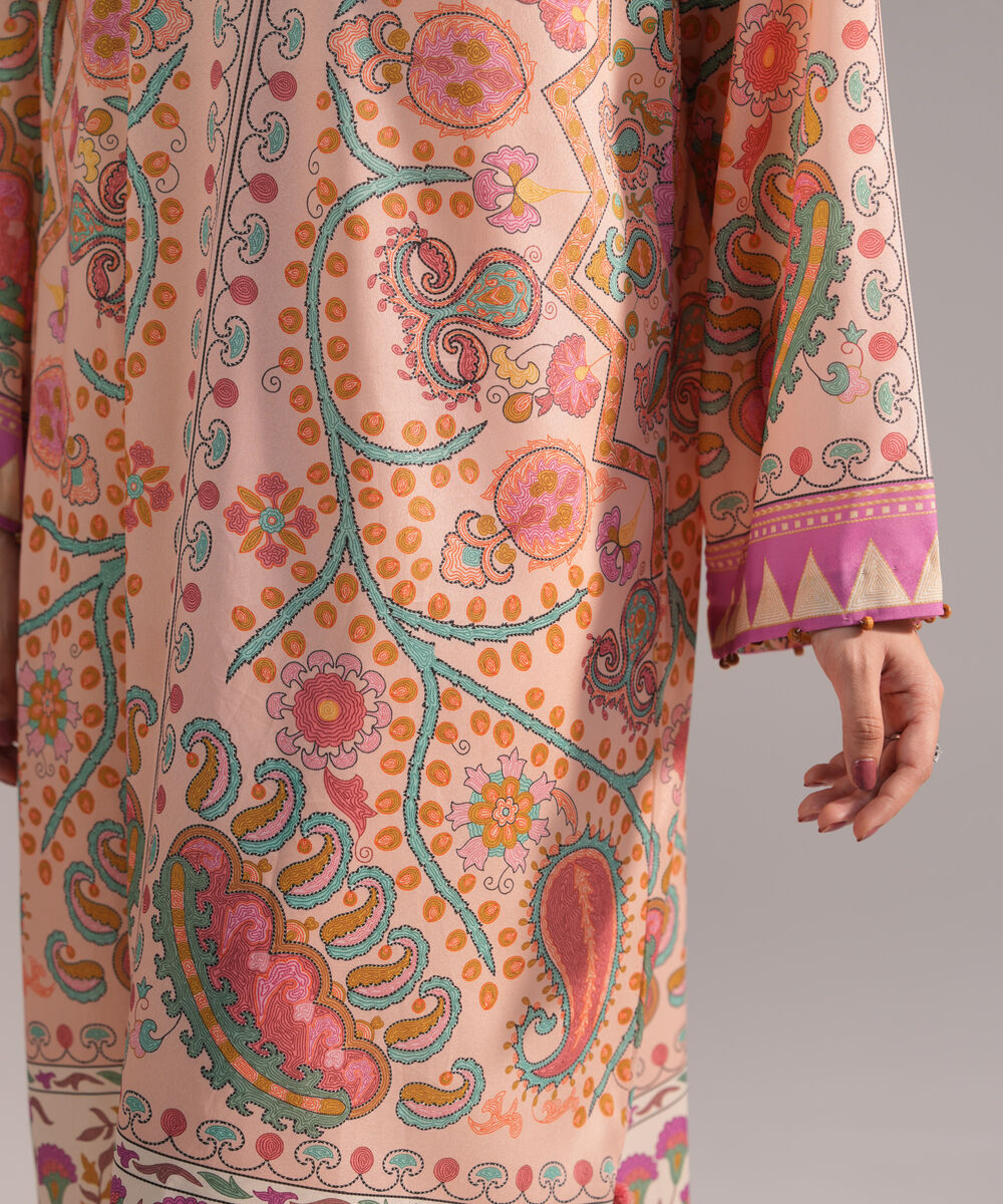 Women's RTW Blended Grip Silk Printed Peach A-Line Shirt