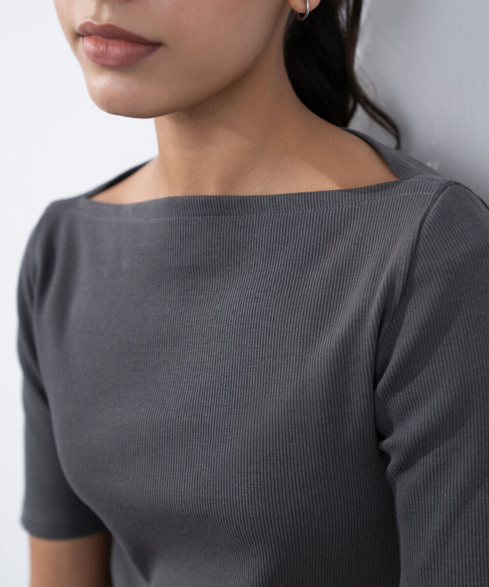 Women's Western Wear Grey Slash Neck Rib Top