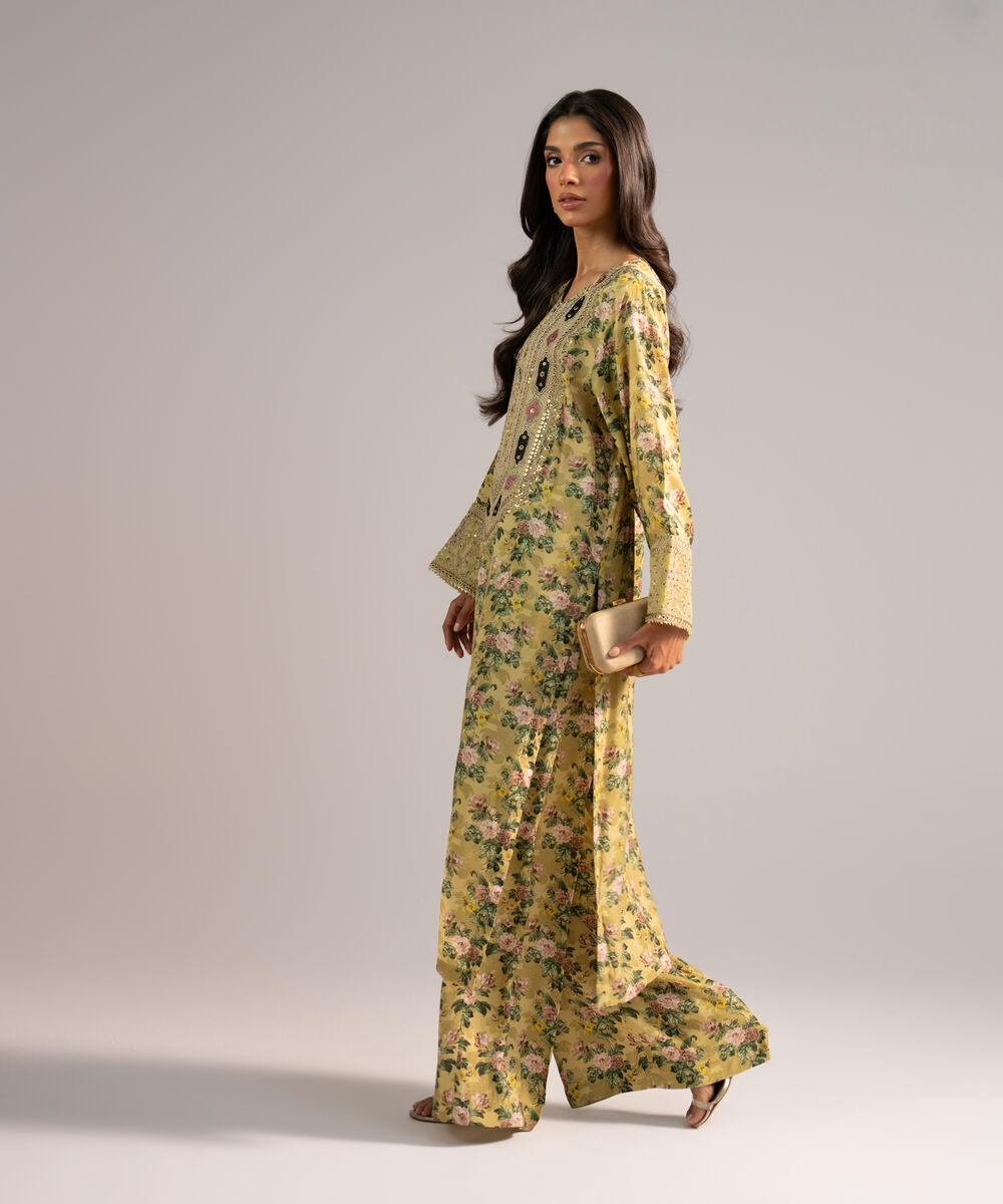 Women's RTW Viscose Raw Silk Embroidered Yellow 2 Piece Suit