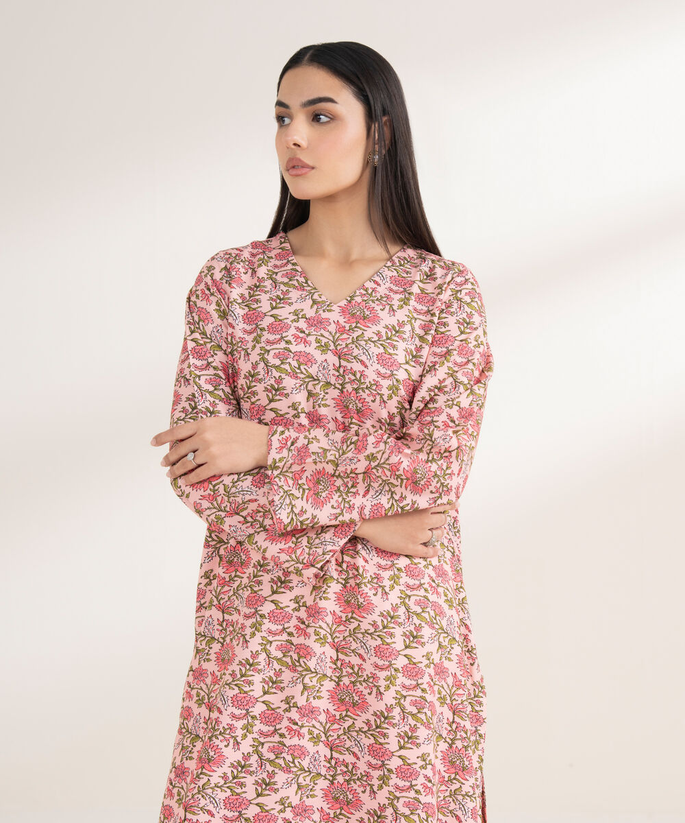 Women's RTW Arabic Khaddar Printed Straight Pink Shirt