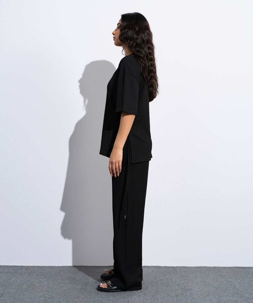 Women's Black Loose Fit Textured T-Shirt