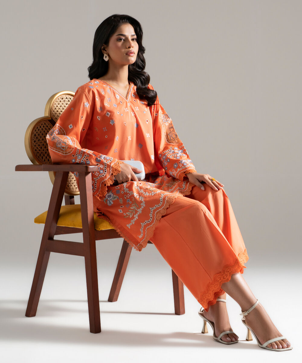 Women's RTW Lawn Embroidered Orange 2 Piece Suit
